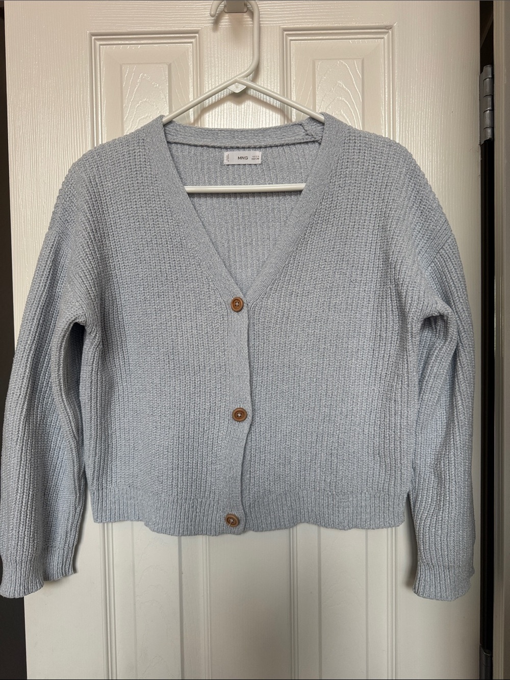 Mango Kids Pale Blue V-Neck Chunky Knit Chenille Cardigan. Size 11-12